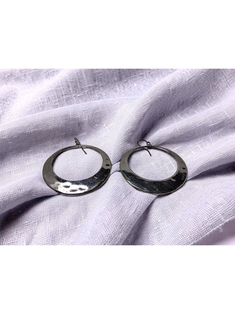 Vintage Silver Tone Hammered Ear Wire 1.78" Diameter Hoop Earrings